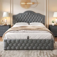 Upholstered Double Bed with Hydraulic Lift Storage, Diamond-Textured Velvet and Iron Frame, 198.5L x 146W x 116H cm, Gray(m-1)