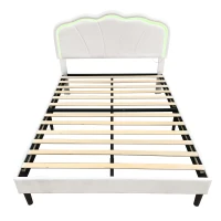 4ft6 Double Upholstered Bed with LED Adjustable Shell Headboard, Velvet Frame and Solid Wood Slat, 194L x 139W x 111H cm, Cream White(m-12)