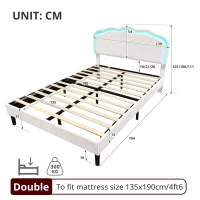 4ft6 Double Upholstered Bed with LED Adjustable Shell Headboard, Velvet Frame and Solid Wood Slat, 194L x 139W x 111H cm, Cream White(m-3)