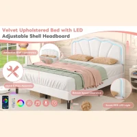 4ft6 Double Upholstered Bed with LED Adjustable Shell Headboard, Velvet Frame and Solid Wood Slat, 194L x 139W x 111H cm, Cream White(m-5)