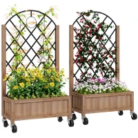Outsunny Conjunto de 2 Jardineiras de Exterior Jardineiras com Treliça Metálica para Plantas Trepadeiras Vasos com Rodas para Jardim Pátio 52x25x97 cm Madeira(m-10)