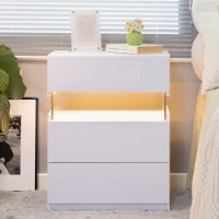 LED Bedside Table with Remote-Controlled RGB Lighting, 3 Drawers, Modern Nightstand with Acrylic Board, 50L x 37.5W x 60H cm, White(m-1)