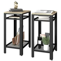 HOMCOM Tall Side Table Set of 2 with 3 Layer, 2 Shelves Storage Display Industrial-Style, Metal Frame, Bedside End Table for Living Room Bedroom, Oak and Black(m-11)