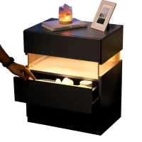 LED Nightstand with 3 Drawers, Acrylic Board and Multi-Colour RGB LED Light, 50L x 37.5W x 60H cm, Black(m-9)