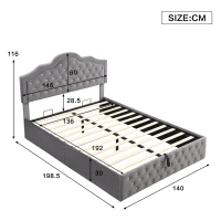 Upholstered Double Bed with Hydraulic Lift Storage, Diamond-Textured Velvet and Iron Frame, 198.5L x 146W x 116H cm, Gray(m-3)