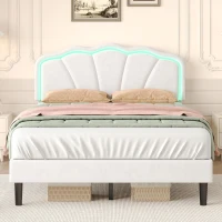 4ft6 Double Upholstered Bed with LED Adjustable Shell Headboard, Velvet Frame and Solid Wood Slat, 194L x 139W x 111H cm, Cream White(m-1)