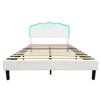 4ft6 Double Upholstered Bed with LED Adjustable Shell Headboard, Velvet Frame and Solid Wood Slat, 194L x 139W x 111H cm, Cream White(m-2)