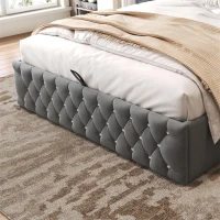 Upholstered Double Bed with Hydraulic Lift Storage, Diamond-Textured Velvet and Iron Frame, 198.5L x 146W x 116H cm, Gray(m-9)
