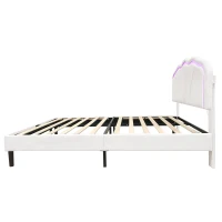 4ft6 Double Upholstered Bed with LED Adjustable Shell Headboard, Velvet Frame and Solid Wood Slat, 194L x 139W x 111H cm, Cream White(m-14)