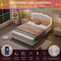 4ft6 Double Upholstered Bed with LED Adjustable Shell Headboard, Velvet Frame and Solid Wood Slat, 194L x 139W x 111H cm, Cream White(m-7)