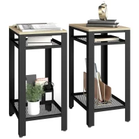 HOMCOM Tall Side Table Set of 2 with 3 Layer, 2 Shelves Storage Display Industrial-Style, Metal Frame, Bedside End Table for Living Room Bedroom, Oak and Black(m-1)