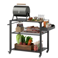 Outsunny Carrinho de Apoio para Barbecue de 3 Níveis com 4 Rodas Prateleiras Mesa de Apoio para Forno de Pizza 105x50x79 cm Preto(m-10)