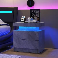 Versatile LED Bedside Table with Adjustable Lights, 2 Drawers, Modern Nightstand for Bedroom, Living Room, 49L x 35W x 52H cm, Gray(m-1)