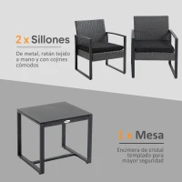 Outsunny Juego de 2 Sillas y Mesa de Ratán con Cojines Acolchados y Encimera de Vidrio para Balcón Terraza Gris y Negro(m-5)