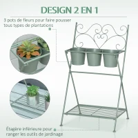 Outsunny Étagère à Fleurs 2 Niveaux Style Rural Chic - Pliable - 3 Pots de Fleurs Inclus, étagère - métal époxy anticorrosion Vert d'eau(m-4)