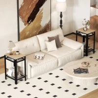 HOMCOM Tall Side Table Set of 2 with 3 Layer, 2 Shelves Storage Display Industrial-Style, Metal Frame, Bedside End Table for Living Room Bedroom, Oak and Black(m-2)