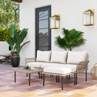 Outsunny Conjunto de Jardim em Vime Sintético Conjunto de Móveis de Exterior com Sofá de 4 Módulos 1 Mesa de Centro e Almofadas Creme(m-2)