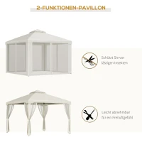 Outsunny Pavillon mit Doppeldach, ca. 3x3 m Wasserdicht Stabil Winterfest Gartenpavillon mit Moskitonetz, Seitenteile, Garten-Pavillon aus Metall, für Garten, Terrasse, Cremeweiß(m-4)