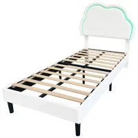 3ft Single Upholstered Bed with Adjustable Cloud Headboard, RGB LED, Velvet Frame with Solid Wood Slats, 194L x 106W x 118H cm, White(m-14)