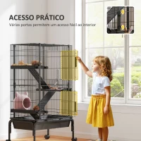 PawHut Gaiola para Animais Pequenos de 4 Níveis Gaiola para Roedores com Rodas Rampas Tigela Garrafa de Água e Bandeja Removível Recinto para Coelhos Chinchilas Furões 69x44x120 cm Preto(m-6)