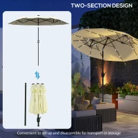 Outsunny Chapéu de Sol Duplo com Luzes LED com Inclinação de 45° Manivela Estrutura de Aço 280x146x227cm Bege(m-9)
