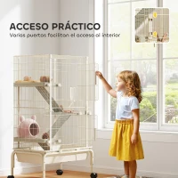 PawHut Jaula para Animales Pequeños de 4 Niveles con Ruedas Rampas Cuenco Botella de Agua 69x44x120 cm Beige(m-6)