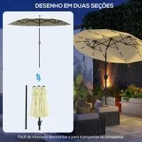 Outsunny Chapéu de Sol Duplo com Luzes LED com Inclinação de 45° Manivela Estrutura de Aço 280x146x227cm Bege(m-8)