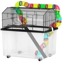 PawHut Two-Tier Hamster Cage with 31cm Deep Tray, Tube System, Water Bottle, Ramp, Feeding Bowl, Multicoloured(m-11)