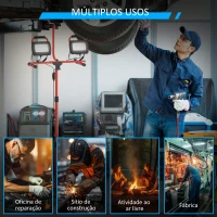 HOMCOM Projetor LED Duplo Recarregável com Tripé Dobrável 8500 Lúmenes IP65 6500K e Ajustáveis para Trabalho Vermelho e Preto(m-7)