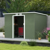 Outsunny 9ft x 4ft Corrugated Garden Metal Storage Shed Outdoor Equipment Tool Box with Kit Ventilation & Doors Light Green(m-10)