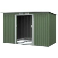 Outsunny 9ft x 4ft Corrugated Garden Metal Storage Shed Outdoor Equipment Tool Box with Kit Ventilation & Doors Light Green(m-11)
