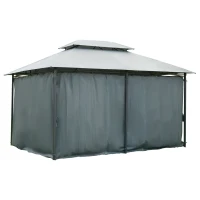 Outsunny 4m x 3(m)Garden Gazebo, Double Roof Outdoor Gazebo Canopy Shelter with Curtains, Solid Steel Frame for Lawn and Deck, Grey(m-18)