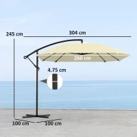 Outsunny Ombrellone a Sbalzo con Copertura Regolabile e Base a Croce, in Metallo e Poliestere, 260x304x245 cm, Crema(m-3)