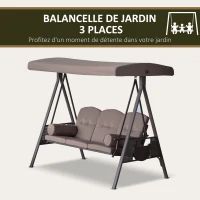Outsunny Balancelle de Jardin 3 Places Grand Confort Toit Inclinaison réglable Coussins Plateaux rétractables Polyester filé Beige(m-7)