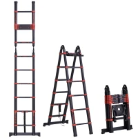 HOMCOM 3.8M Duo Aluminium Ladder w/ Tool Holder Herringbone Deployed Extendable DIY w/ 12 Non-Slip Steps, Red(m-11)