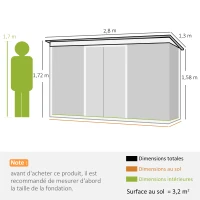 Outsunny 9ft x 4ft Corrugated Garden Metal Storage Shed Outdoor Equipment Tool Box with Kit Ventilation & Doors Light Green(m-3)