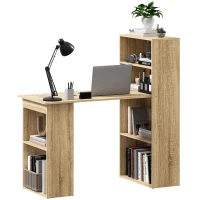 HOMCOM Bureau Informatique avec étagère de rangement Bureau d'angle bibliothèque adjacente Multi-rangements Chêne(m-1)
