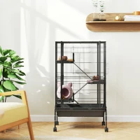 PawHut Gaiola para Animais Pequenos de 4 Níveis Gaiola para Roedores com Rodas Rampas Tigela Garrafa de Água e Bandeja Removível Recinto para Coelhos Chinchilas Furões 69x44x120 cm Preto(m-9)