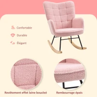 HOMCOM Fauteuil à bascule rocking chair revêtement bouclette structure en acier 71 x 98 x 101 cm rose(m-5)
