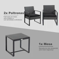 Outsunny Conjunto de Móveis de Jardim de Vime 3 Peças com 1 Mesa 42,5x40x39 cm 2 Poltronas 63x57x76 cm Cinzento e Preto(m-5)