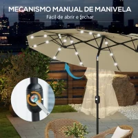 Outsunny Chapéu de Sol Duplo com Luzes LED com Inclinação de 45° Manivela Estrutura de Aço 280x146x227cm Bege(m-6)