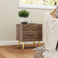 HOMCOM Table de chevet table de nuit avec 2 tiroirs poignées dorés pieds en acier 45 x 35 x 50 cm grain de bois marron(m-6)