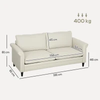 HOMCOM 3 Seater Sofa, Modern Fabric Sofa Couch with Spring Cushion, Rubber Wood Legs, 191cm Upholstered Settee for Living Room, Bedroom, Home Office, Guest Room, Cream White(m-3)
