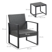 Outsunny Conjunto de Móveis de Jardim de Vime 3 Peças com 1 Mesa 42,5x40x39 cm 2 Poltronas 63x57x76 cm Cinzento e Preto(m-3)