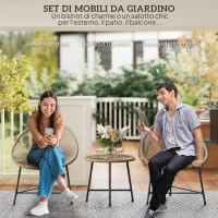 Outsunny Set da Giardino 3 Pezzi in Rattan PE e Acciaio con 2 Sedie Ovali e Tavolino da Caffè, Nero e color Legno(m-4)