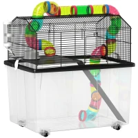 PawHut Two-Tier Hamster Cage with 31cm Deep Tray, Tube System, Water Bottle, Ramp, Feeding Bowl, Multicoloured(m-1)