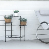 Outsunny Soporte para Plantas de Metal Mecetas Plegable Estantería para Flores con 3 Estantes y Bordes de Azulejo para Decoración Interiores y Exteriores 60x22x65 cm Negro(m-9)