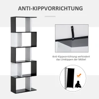 HOMCOM Bücherregal S-förmig Ausstellungsregal Standregal 5-stöckiger moderner Raumteiler Spanplatte Schwarz 60 x 24 x 184,5 cm(m-6)