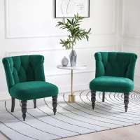 HOMCOM Velvet Accent Chair Set of 2, Button Tufted Wingback Chair with Rubber Wood Legs for Living Room, Bedroom, Dark Green(m-2)