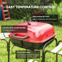 Outsunny Charcoal Barbecue Grill Portable BBQ Grill with 1840 cm² Cooking Area, 3 Shelves, Adjustable Vent, Lockable Lid, Wheels for Outdoor Cooking, Garden Party, Red(m-5)